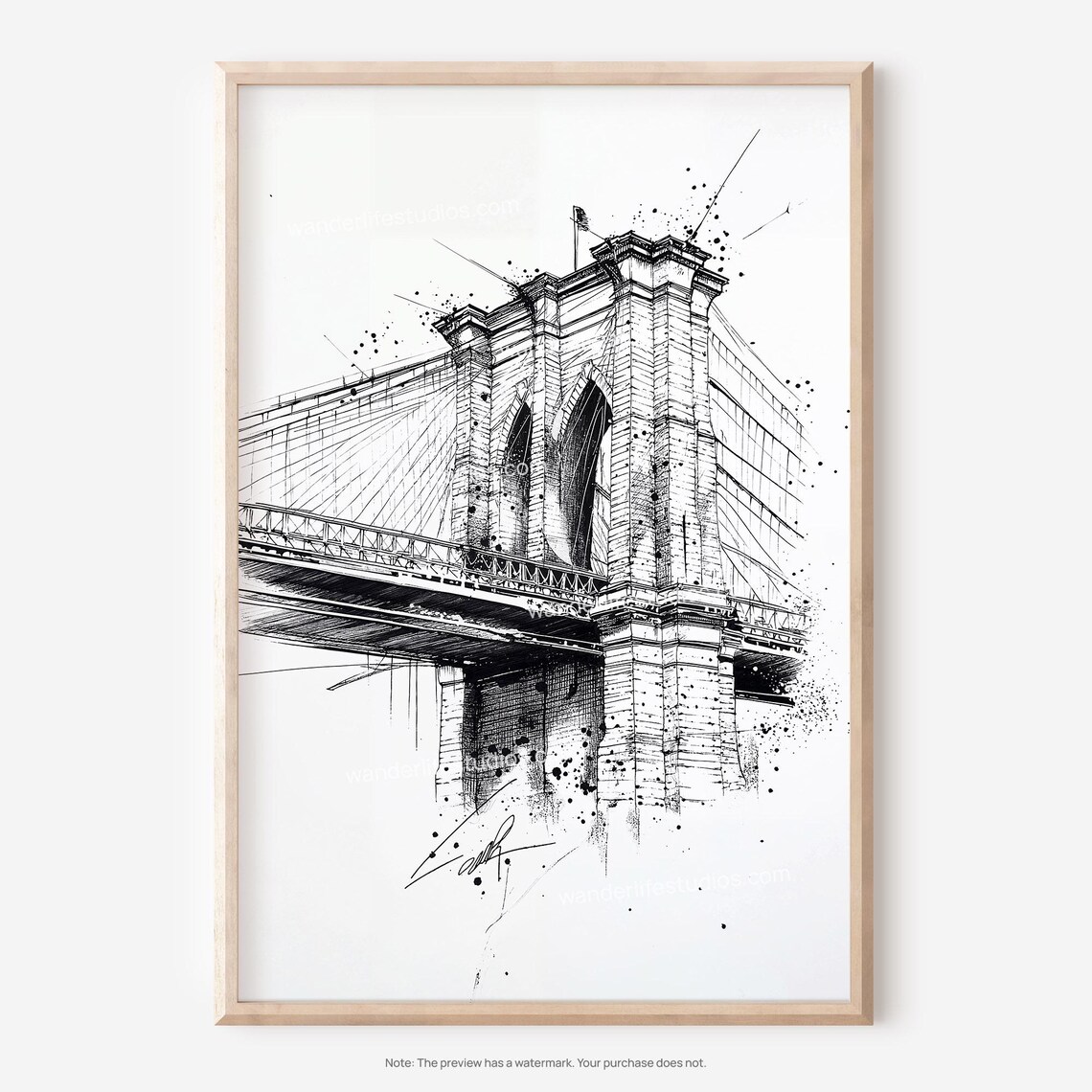 Brooklyn Bridge New York City Pencil Sketch Ink Drawing Poster