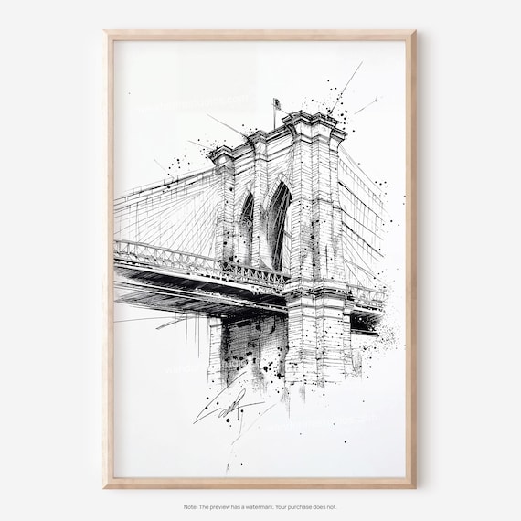 Brooklyn Bridge New York City Pencil Sketch Ink Drawing Poster