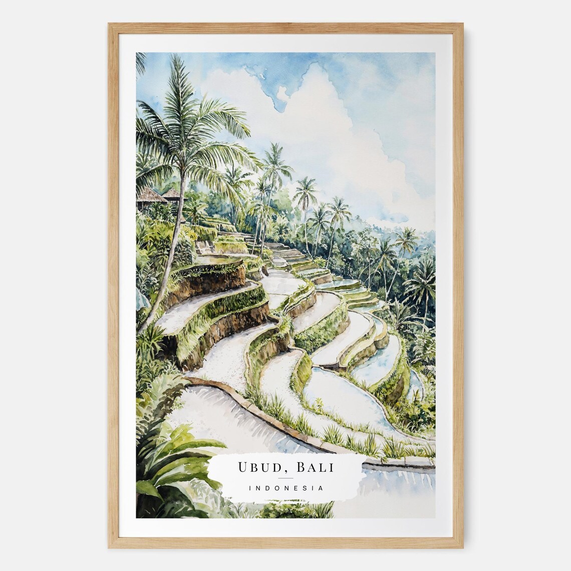 Ubud Bali Indonesia Emerald Rice Terraces Watercolor Art Print