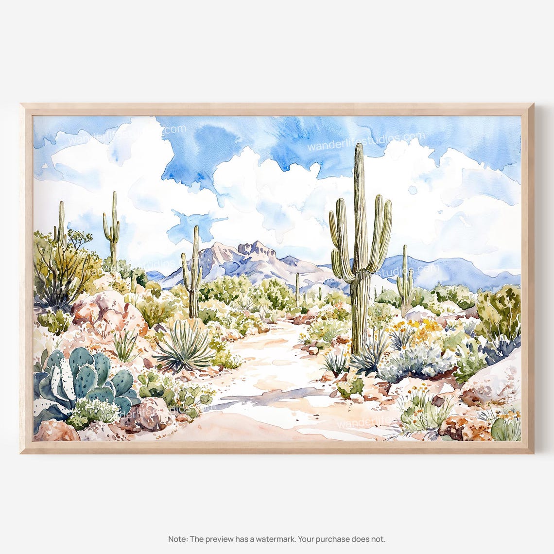 Saguaro Cactus Desert Watercolor Mountain Trail Landscape Poster