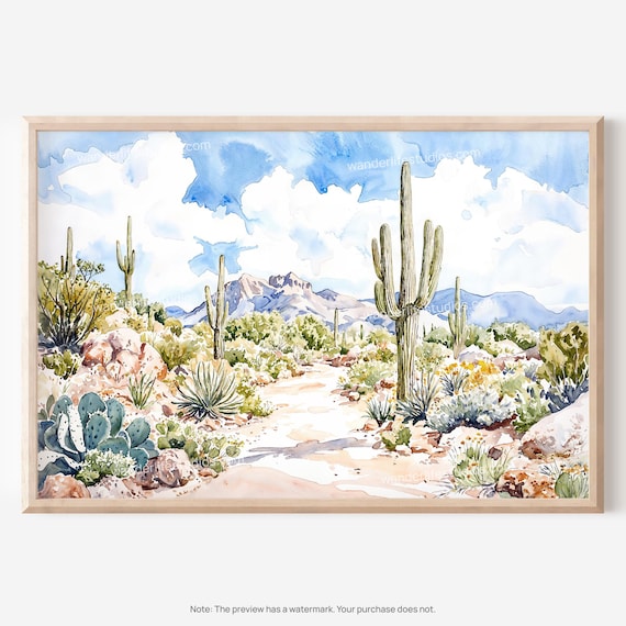Saguaro Cactus Desert Watercolor Mountain Trail Landscape Poster