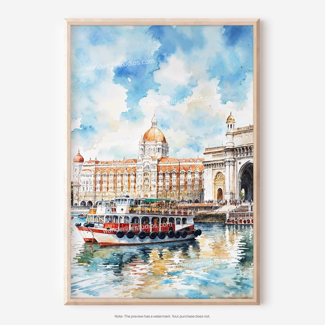 Gateway of India Mumbai Harbor Waterfront Watercolor Travel Poster