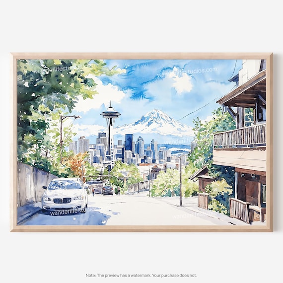 Seattle Skyline Wall Art Watercolor Cityscape
