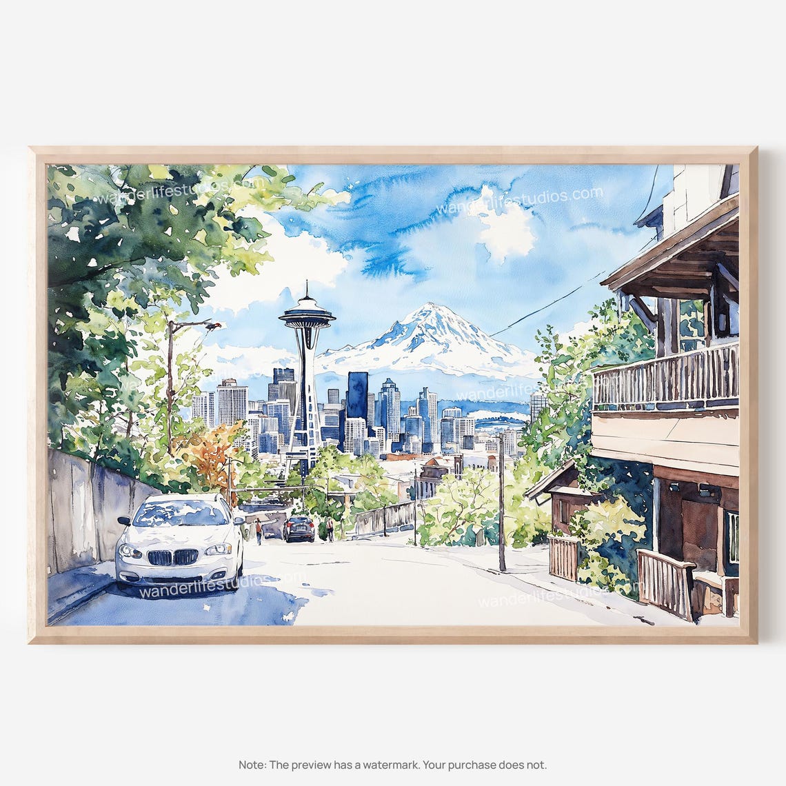 Seattle Skyline Watercolor Space Needle Mount Rainier Poster