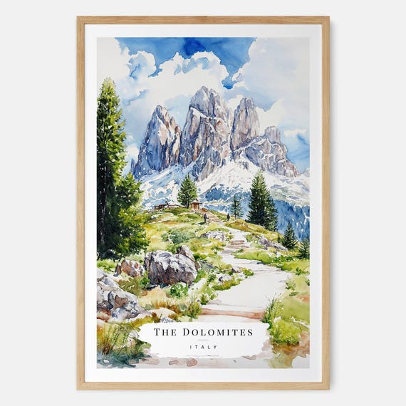 Hiking In The Dolomites Watercolor Art Print Italian Mountain Wall Italy Travel Gift Moving New Home Housewarming