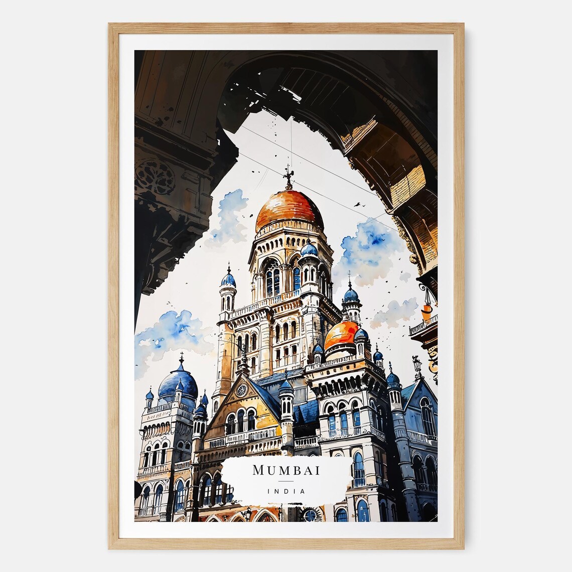 Mumbai India Historic Colonial Architecture Watercolor Art Poster