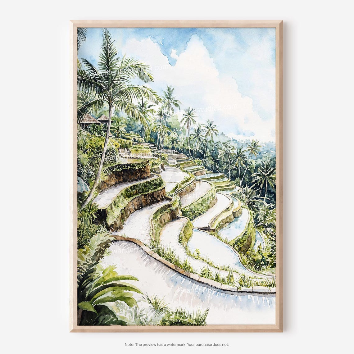Rice Terrace Watercolor Poster Lush Palm Fields Tropical Landscape Art