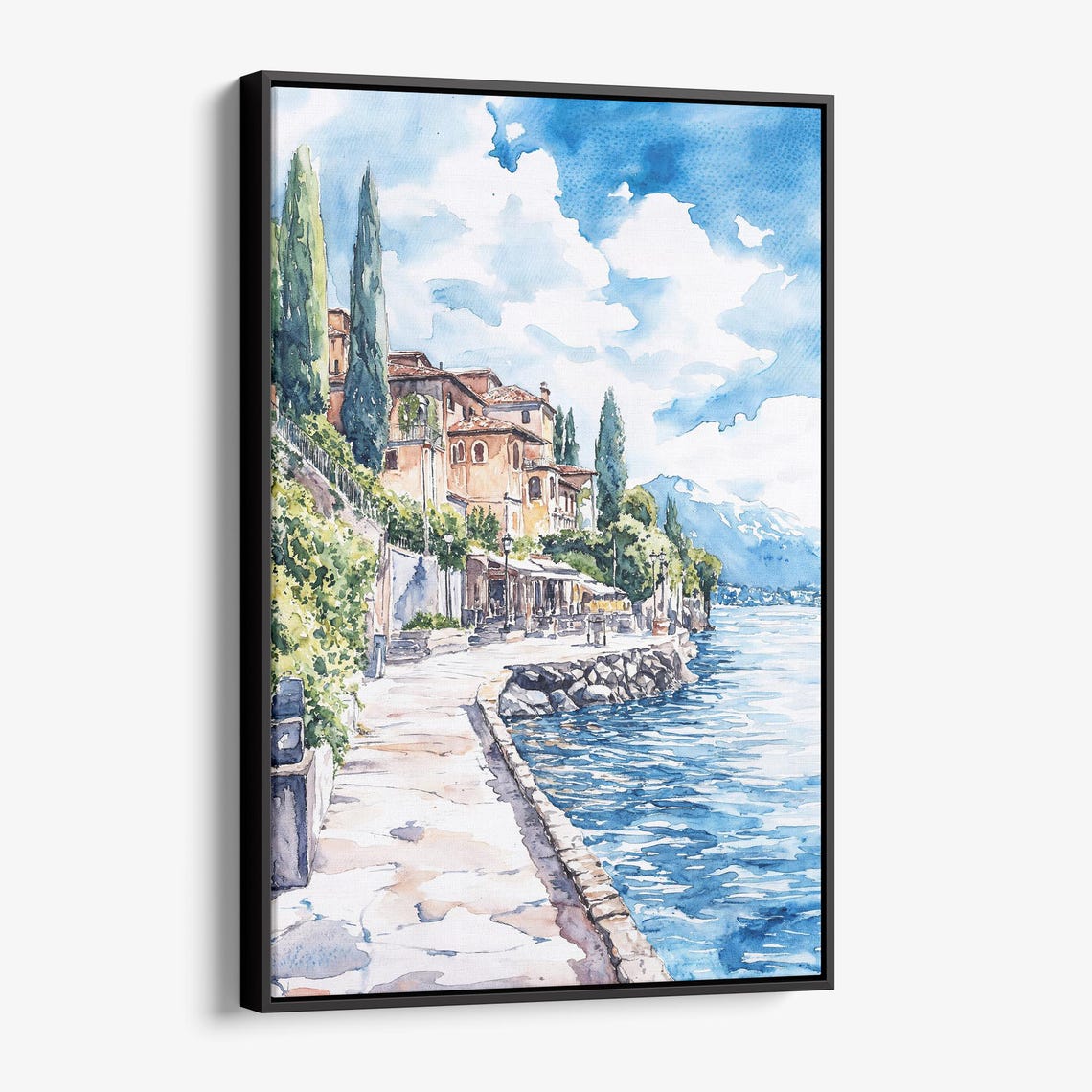 Sunlit Lakeside Promenade Mediterranean Summer Watercolor Poster