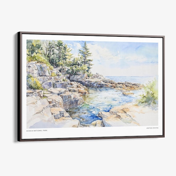 Acadia National Park Rocky Shore Watercolor Coastal Maine Scene Poster