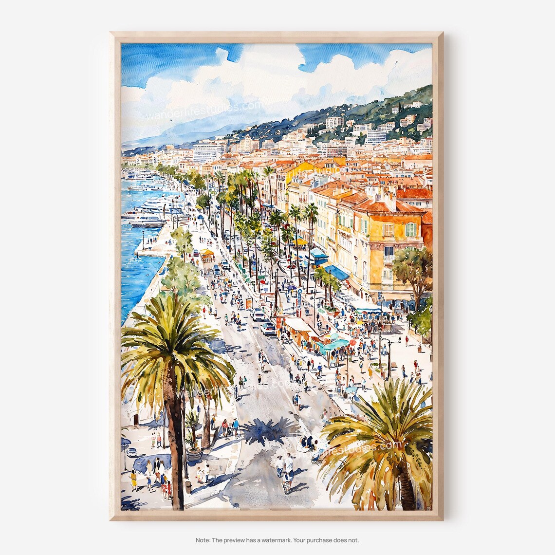 Palm Lined Seaside Promenade Watercolor Coastal Travel Poster