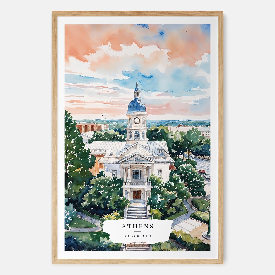 Historic Athens Georgia Downtown Courthouse Sunset Watercolor Poster
