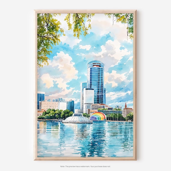 Orlando Florida Wall Art Watercolor Cityscape For Easy Printing