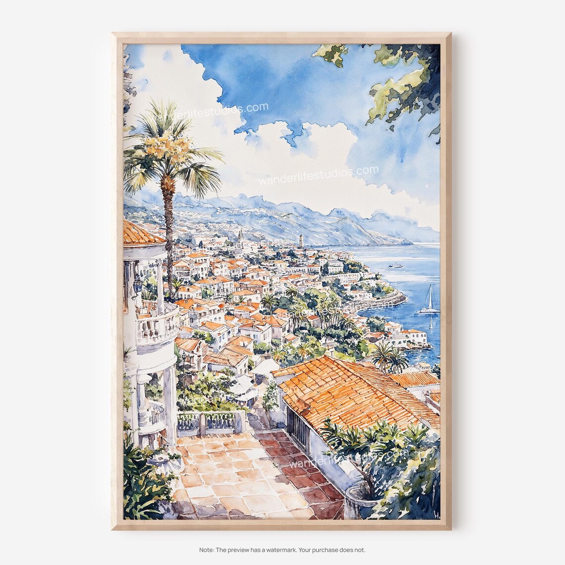 Coastal Hillside Town Terracotta Roofs Bay Watercolor Travel Poster
