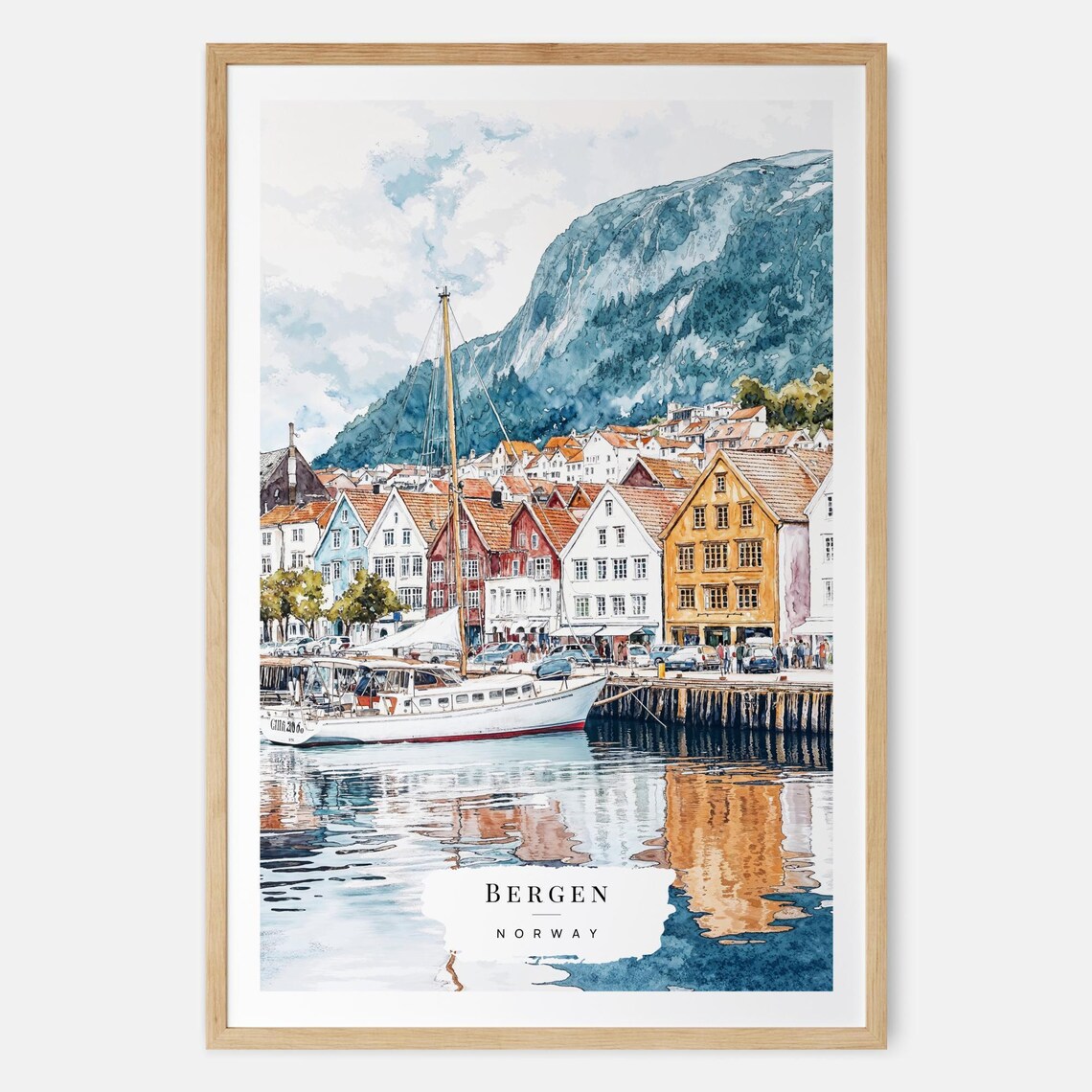 Bergen Norway Harbor Wooden Houses Mountain Watercolor Travel Poster