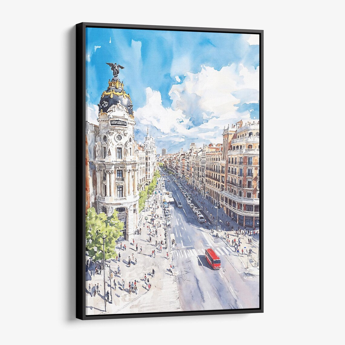 Madrid Gran Via Metropolis Building Bustling Street Watercolor Poster