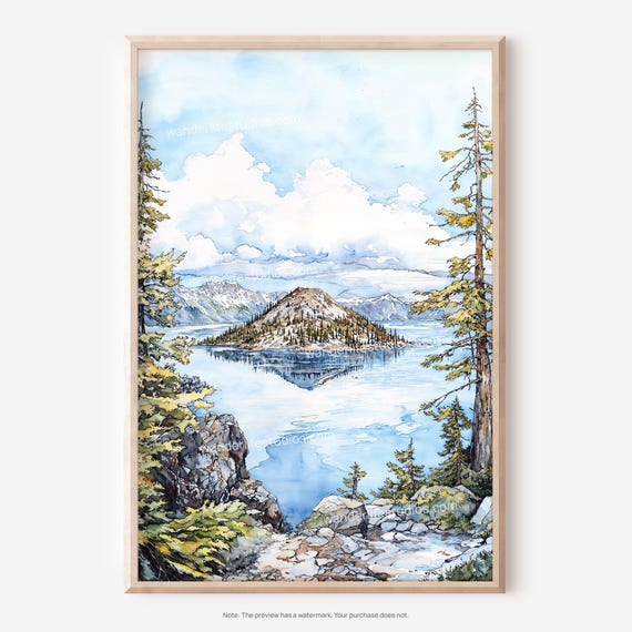 Crater Lake Watercolor Wall Art Scenic Nature