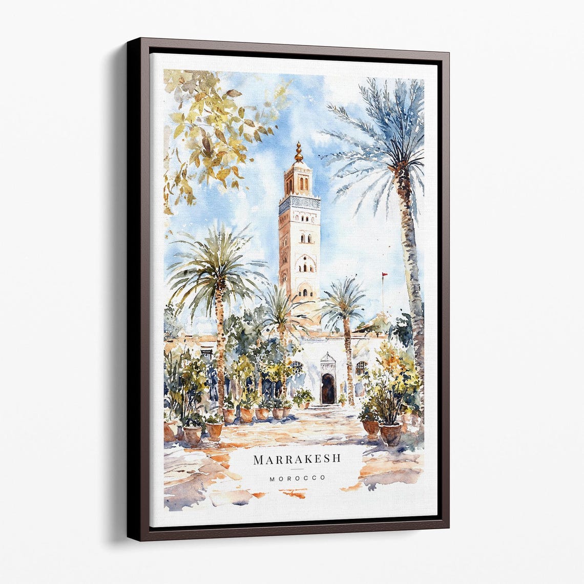 Marrakesh Morocco Minaret Watercolor Palms Travel Art Poster