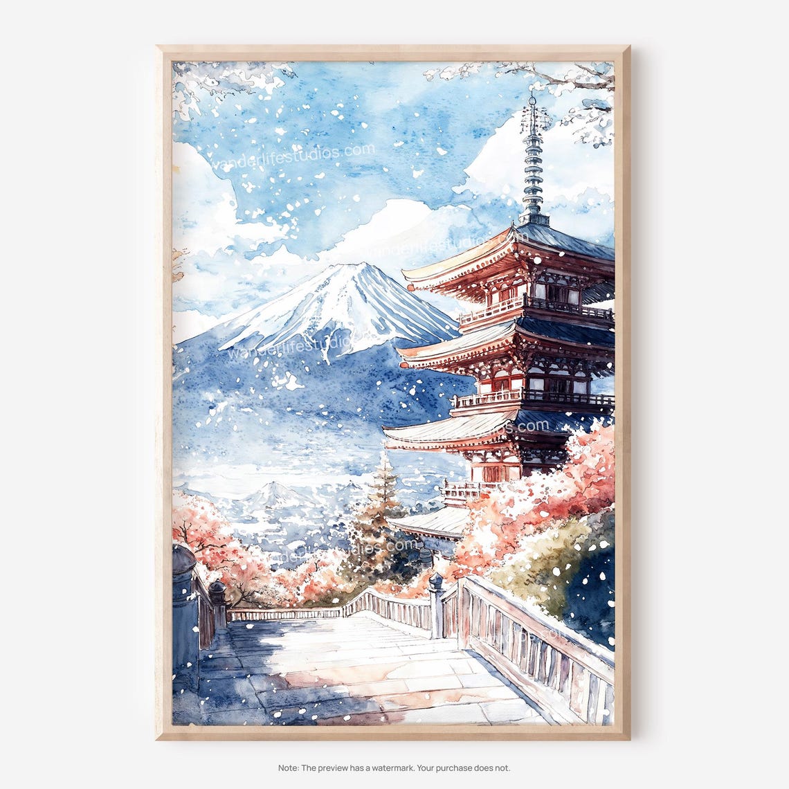 Mount Fuji Pagoda Cherry Blossom Watercolor Japan Scenery Poster