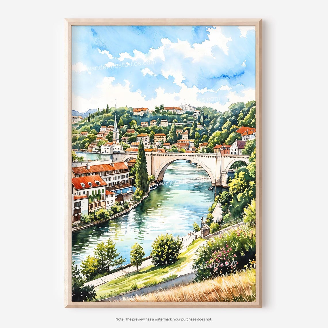 Historic European River Town with Stone Arch Bridge Watercolor Poster