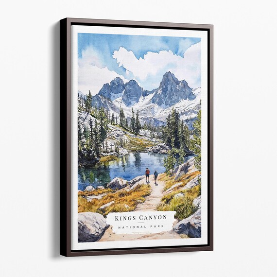Kings Canyon National Park Hikers Alpine Lake Watercolor Poster