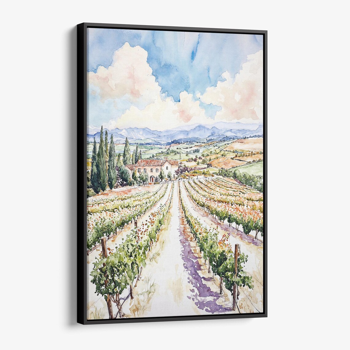Sunlit Vineyard Valley Villa Cypress Watercolor Landscape Poster