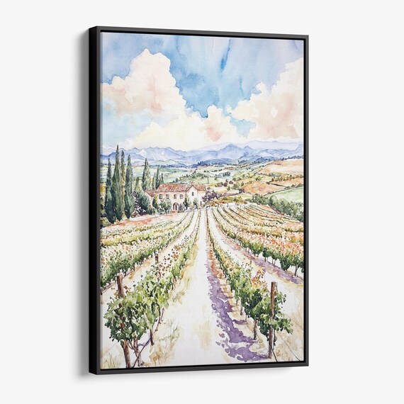 Sunlit Vineyard Valley Villa Cypress Watercolor Landscape Poster