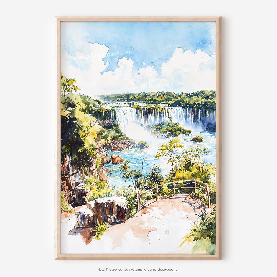 Tropical Jungle Waterfall Cascades Turquoise Watercolor Art Poster