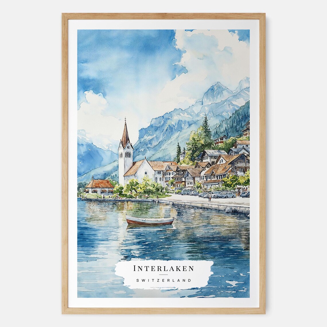 Interlaken Switzerland Lakeside Village Watercolor Travel Art Poster
