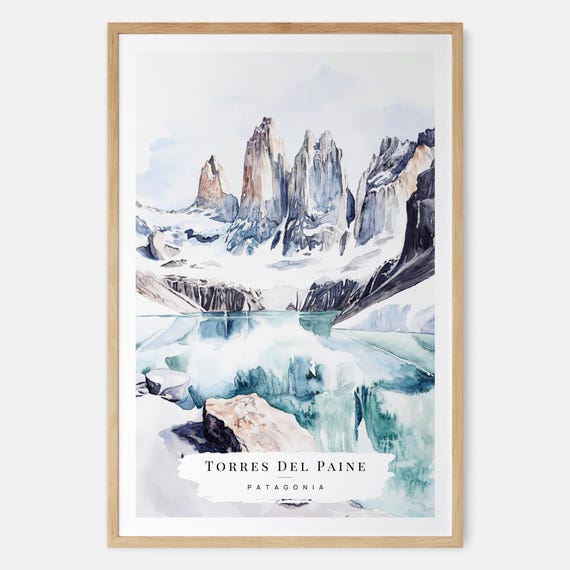 Torres Del Paine Watercolor Art Print Mountain Wall Chile Travel Gift For Adventure Lover Outdoor
