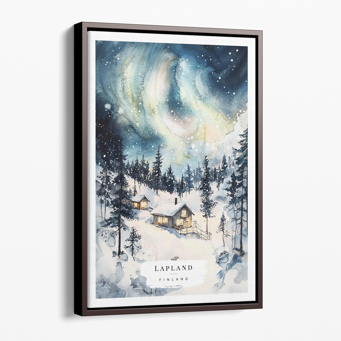 Lapland Finland Northern Lights Watercolor Snowy Cabin Winter Poster