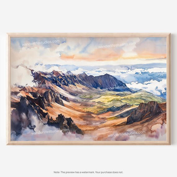 Haleakala National Park Volcanic Crater Above Clouds Watercolor Poster