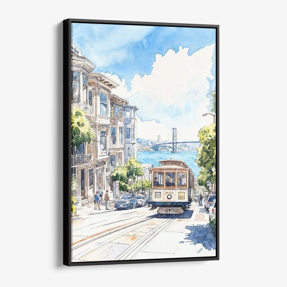 San Francisco Tram Canvas Print Watercolor Cityscape Wall Art