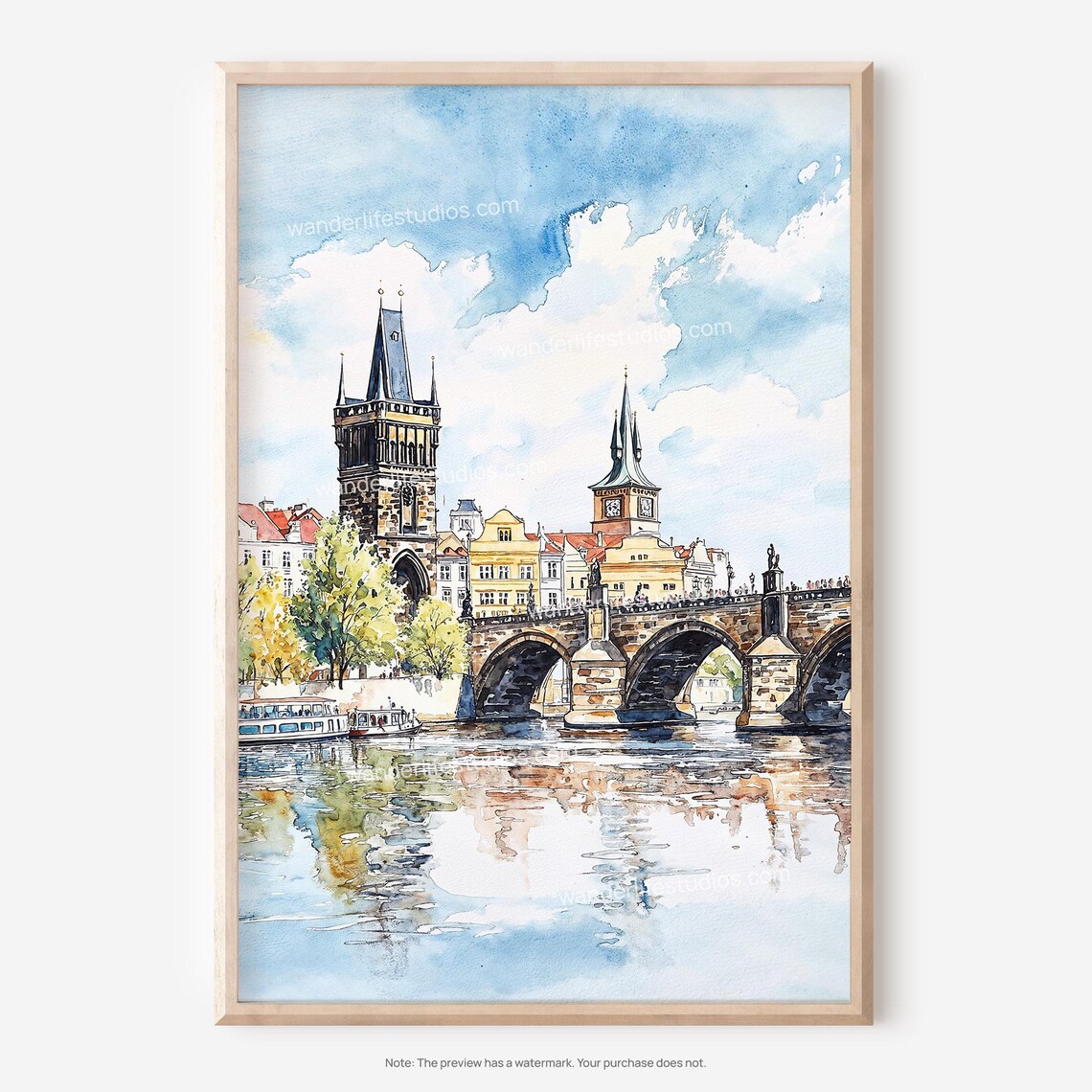 Charles Bridge Prague Watercolor Historic Stone Bridge Art Poster