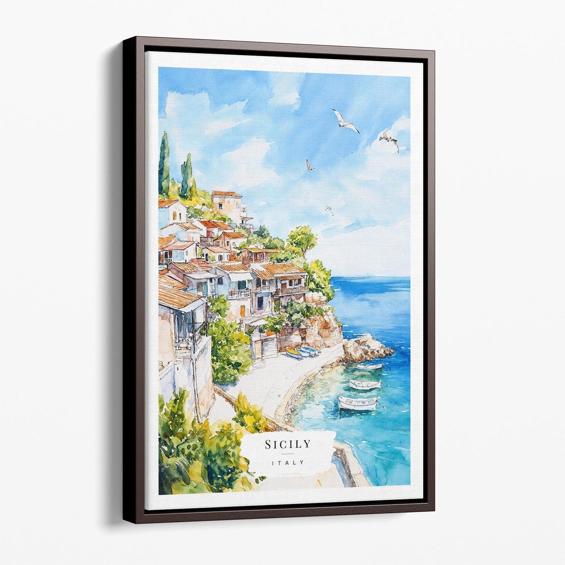 Sicily Italy Coastal Village Watercolor Turquoise Cove Poster