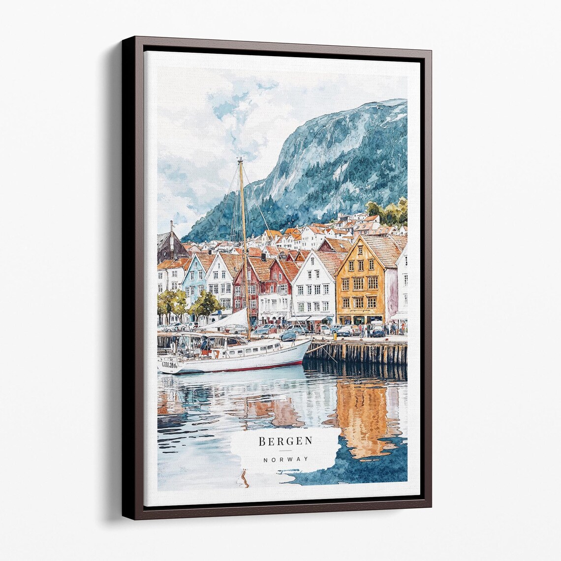 Bergen Norway Harbor Watercolor Boat Scenic Travel Art Poster