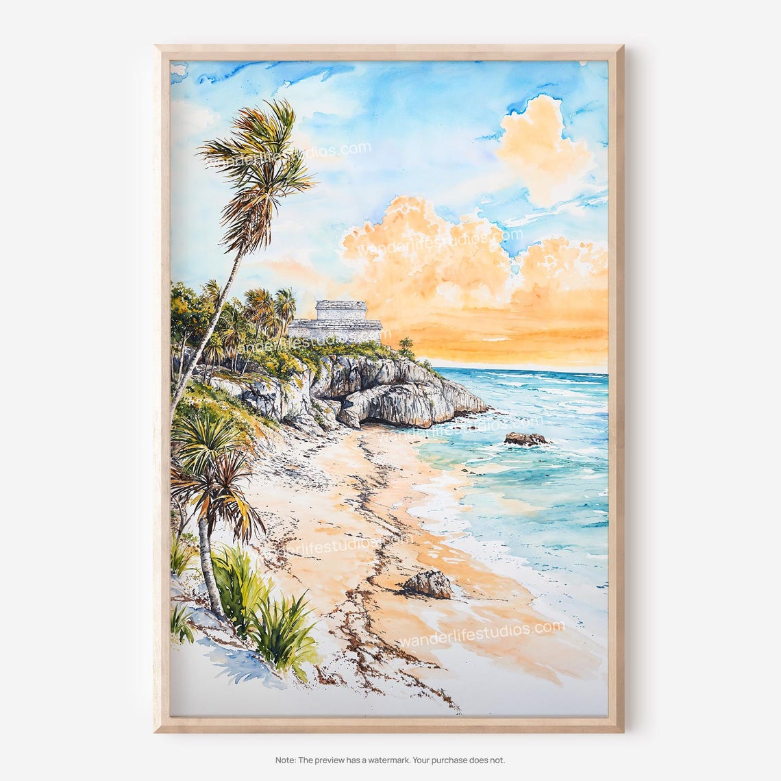 Tulum Mexico Wall Art Coastal Landscape Watercolor Style
