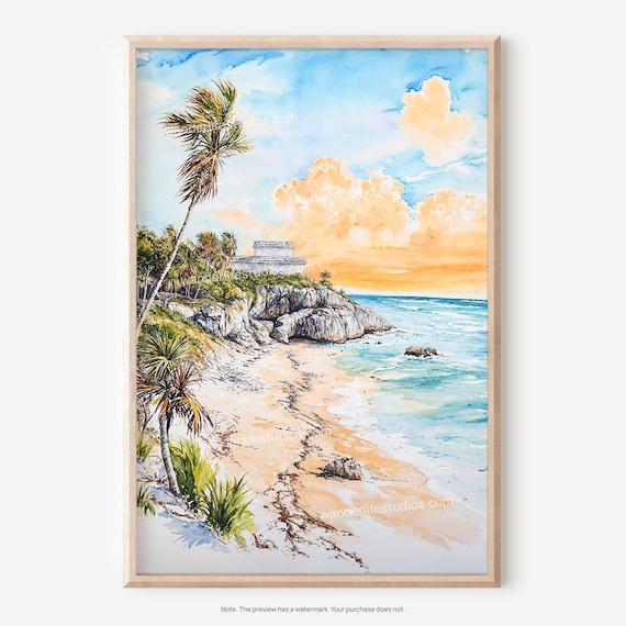 Tulum Mayan Ruins Cliffs Beach Sunset Watercolor Travel Poster