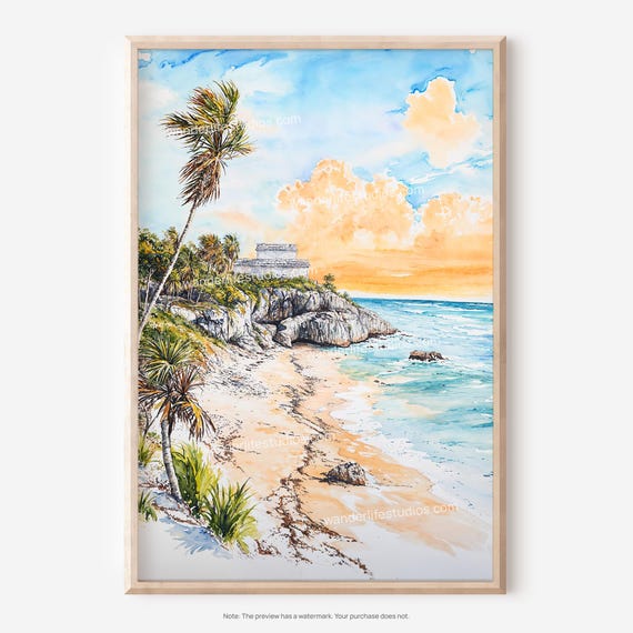 Tulum Mexico Wall Art Coastal Landscape Watercolor Style