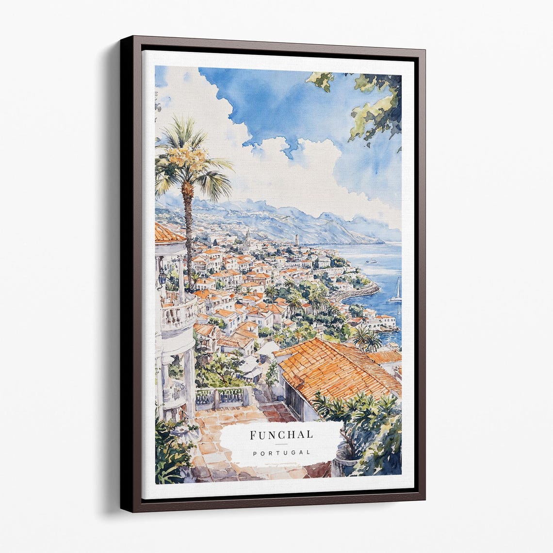 Funchal Portugal Bay Town Terracotta Roofs Watercolor Poster