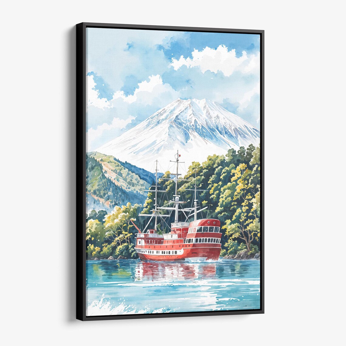 Hakone Japan Mount Fuji Red Cruise Ship Lake Watercolor Poster