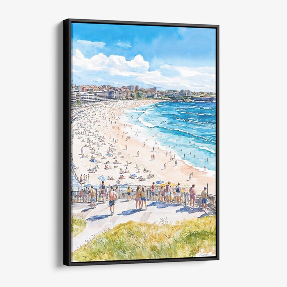 Crowded City Beach Summer Day Aerial Watercolor Seaside Painting Poster