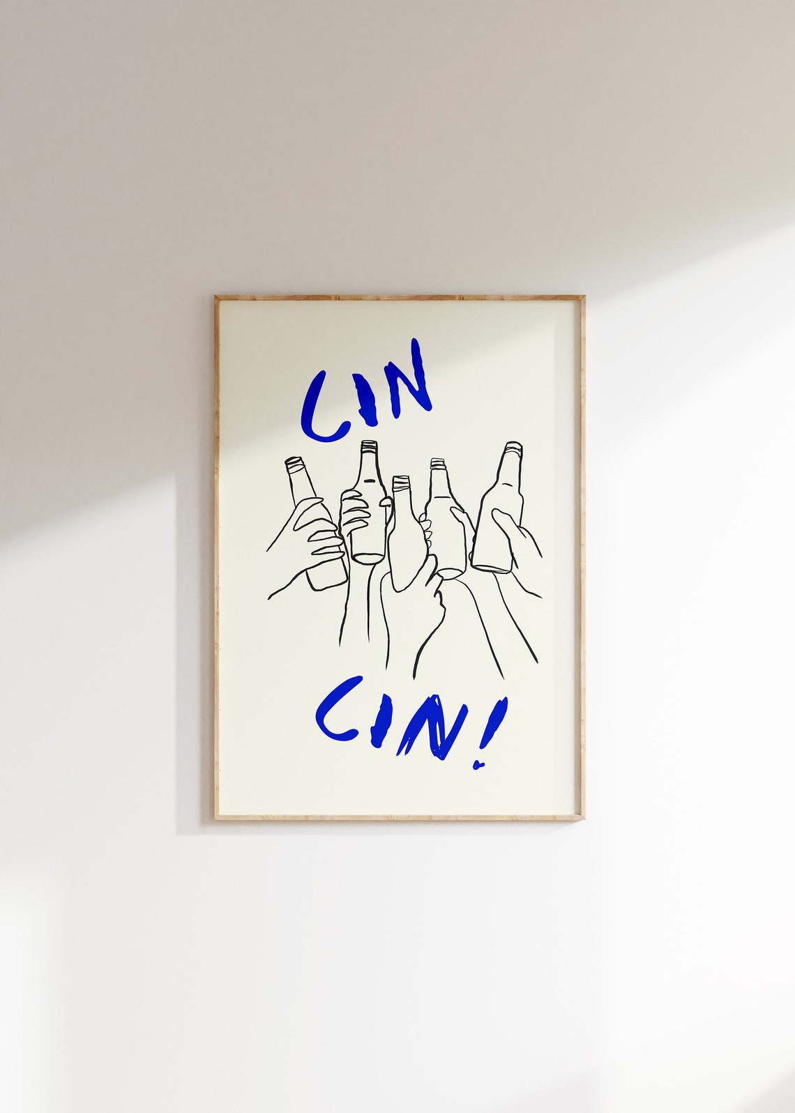 Cin Cin Cheers Clinking Bottles Blue Line Art Celebration Poster - Image 4