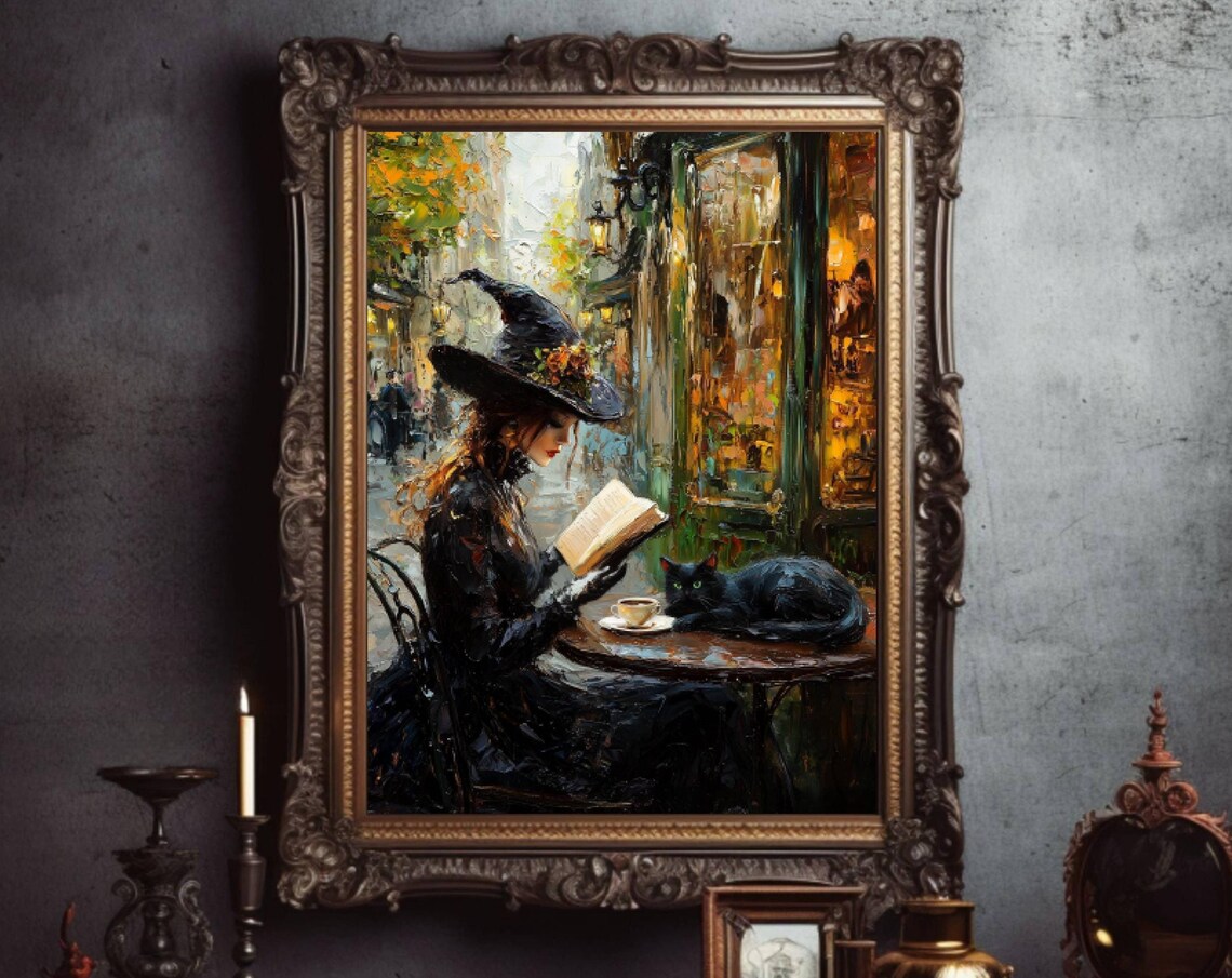 Witch Reading in a Cafe, Whimsigoth Halloween Art Print