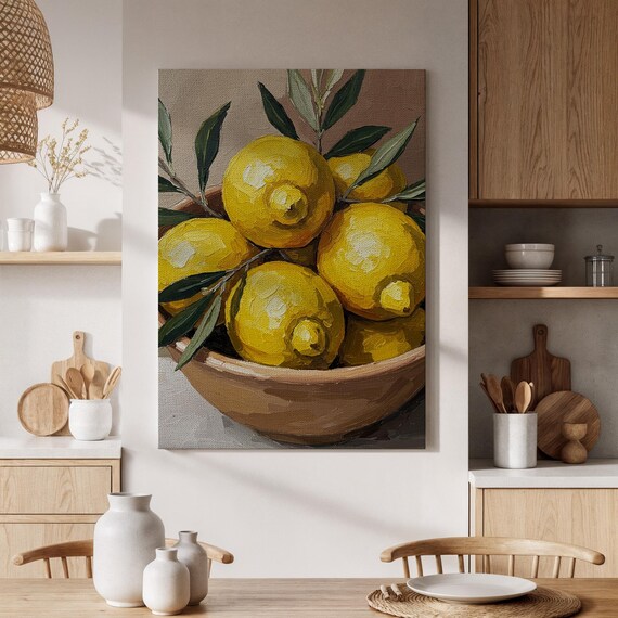 Yellow Lemons In Rustic Bowl Citrus Still Life Kitchen Painting Poster