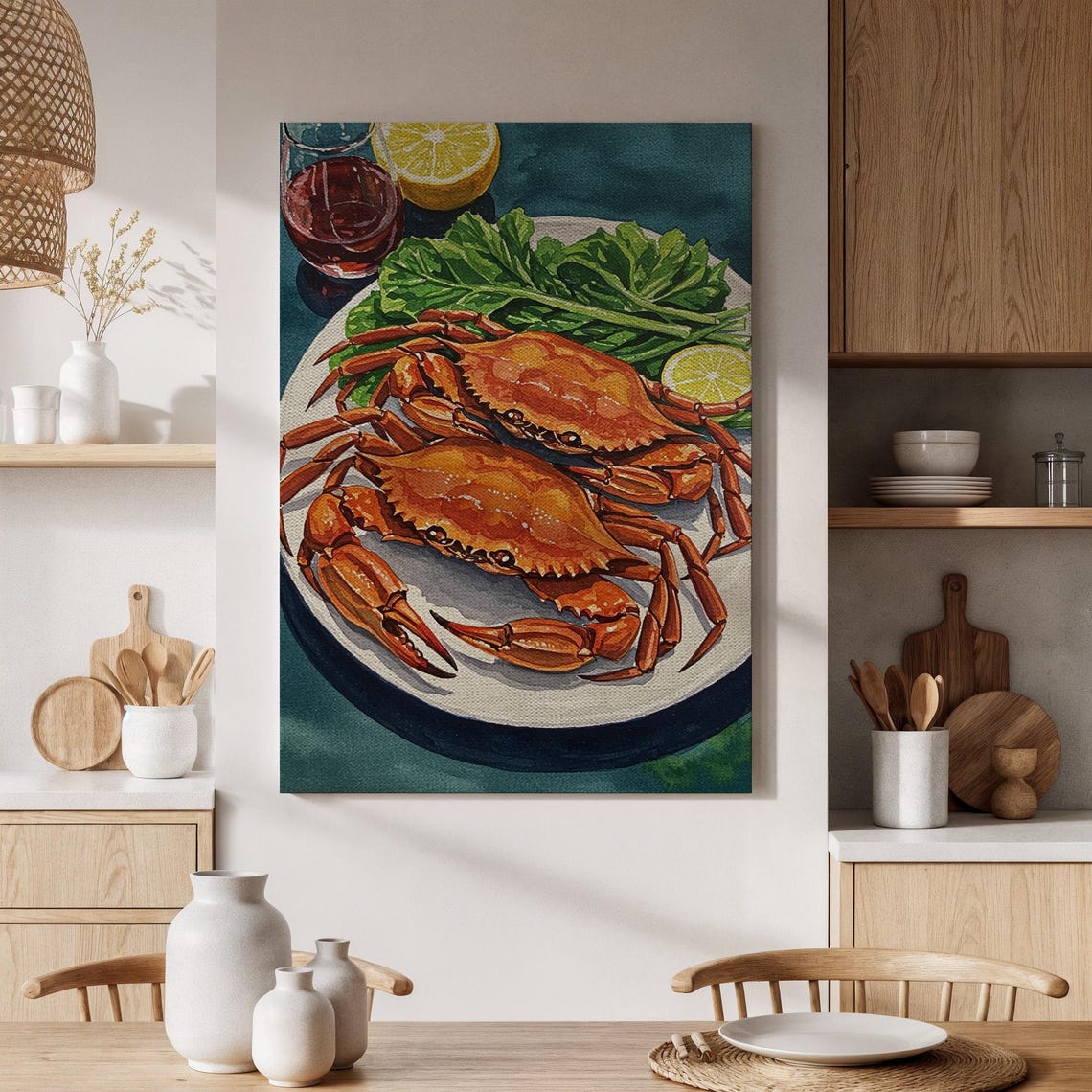 Cooked Crabs Seafood Platter Lemon Wine Watercolor Kitchen Poster