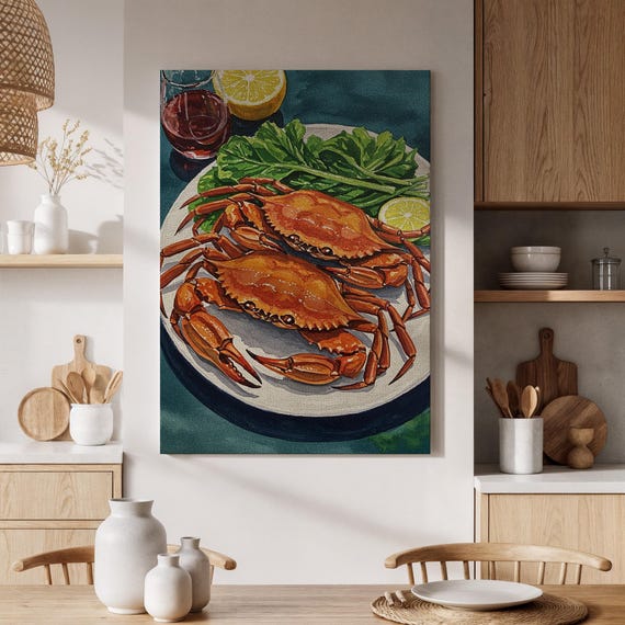 Crabs With Lemon Canvas Wall Art Framed Seafood Platter Painting Realistic Crab Dish And Lettuce Food For Kitchen
