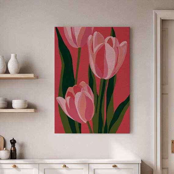 Framed Tulip Canvas Print Modern Floral Art Pink Green Abstract Flowers Botanical Wall Decor For Living Room Office Bedroom