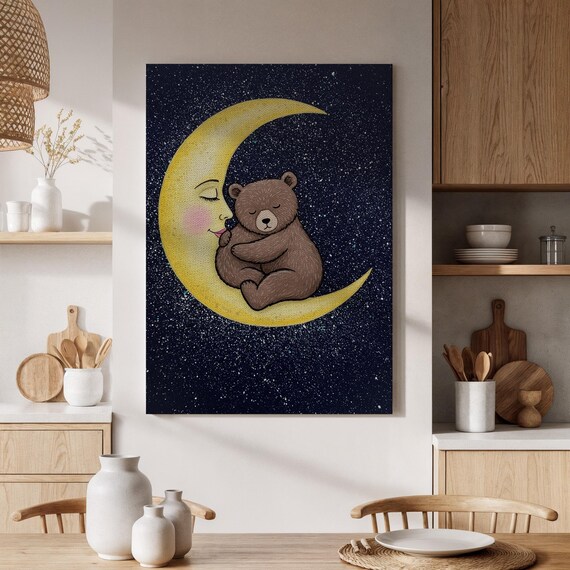 Framed Bear And Moon Canvas Art Cute Starry Night Painting Illustration Nursery Wall Decor For Kids Room Animal