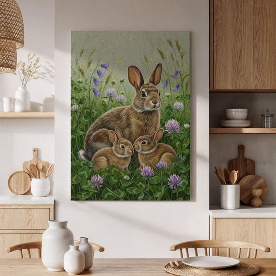 Framed Rabbit Family Canvas Wall Art Wild Bunny And Baby Rabbits In Meadow Nature Print For Living Room Bedroom Or Nursery Decor