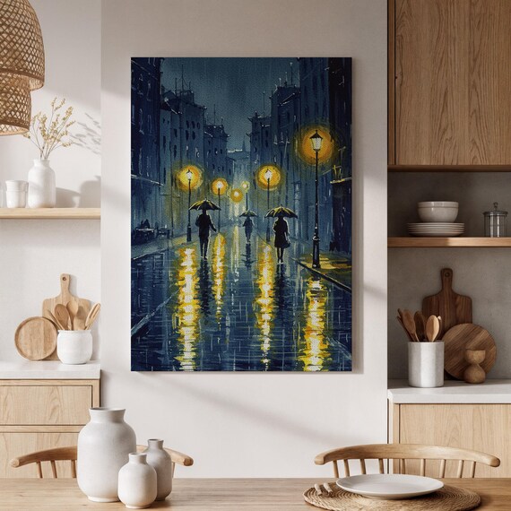 Rainy City Night Canvas Wall Art Framed Urban Street Painting Yellow Lamps And Umbrella Figures Modern Cityscape For Living Room